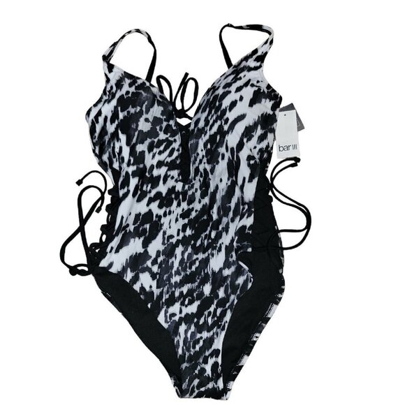 Bar III Women's Heat Wave One Piece Swimsuit Black Printed Lace-Up. Size Small. - Picture 4 of 8